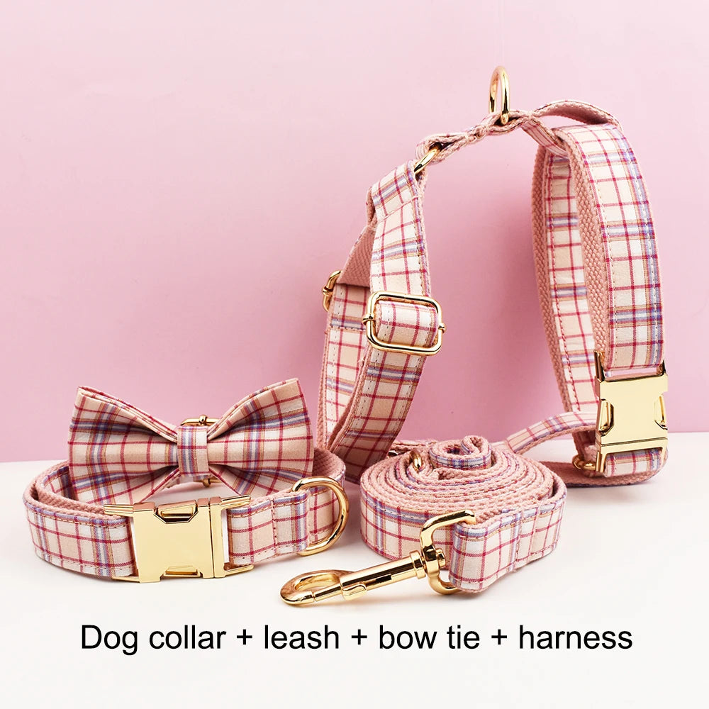 Pink Plaid Personalized Dog Collar & Leash Set