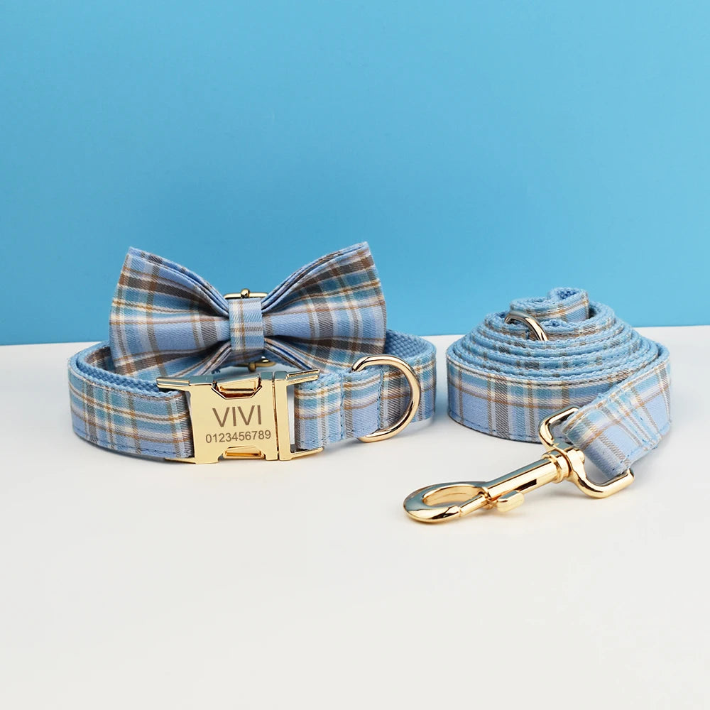 Bue Plaid Personalized Dog Collar & Leash Set