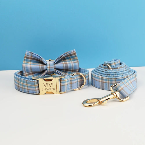Bue Plaid Personalized Dog Collar & Leash Set