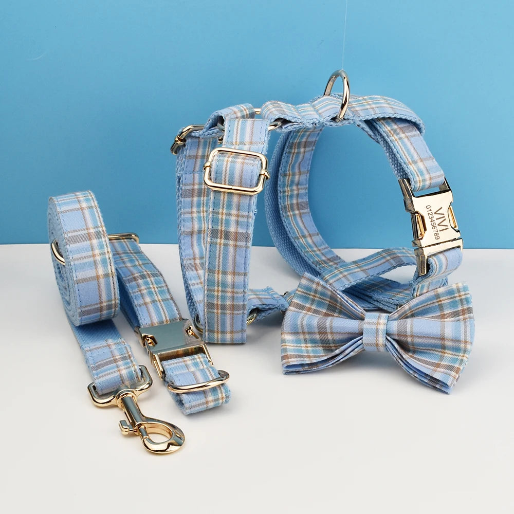 Bue Plaid Personalized Dog Collar & Leash Set